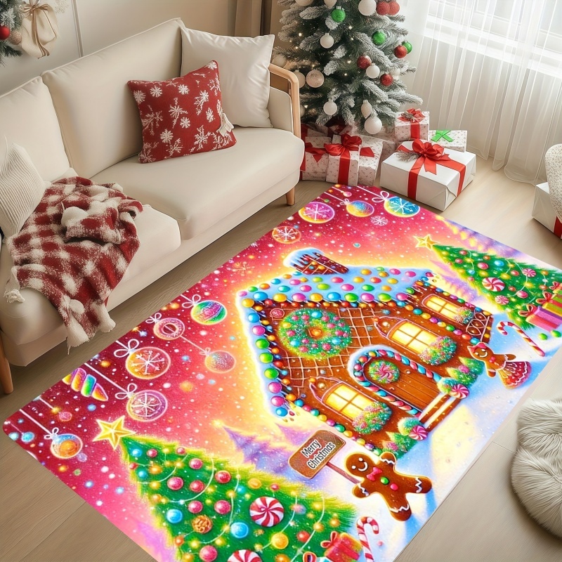 Commercial Printing House - Lebkuchenhaus Weihnachts-Teppich, Winterliche Süßigkeiten-Motiv Bodenmatte, Wohnzimmer-Teppich