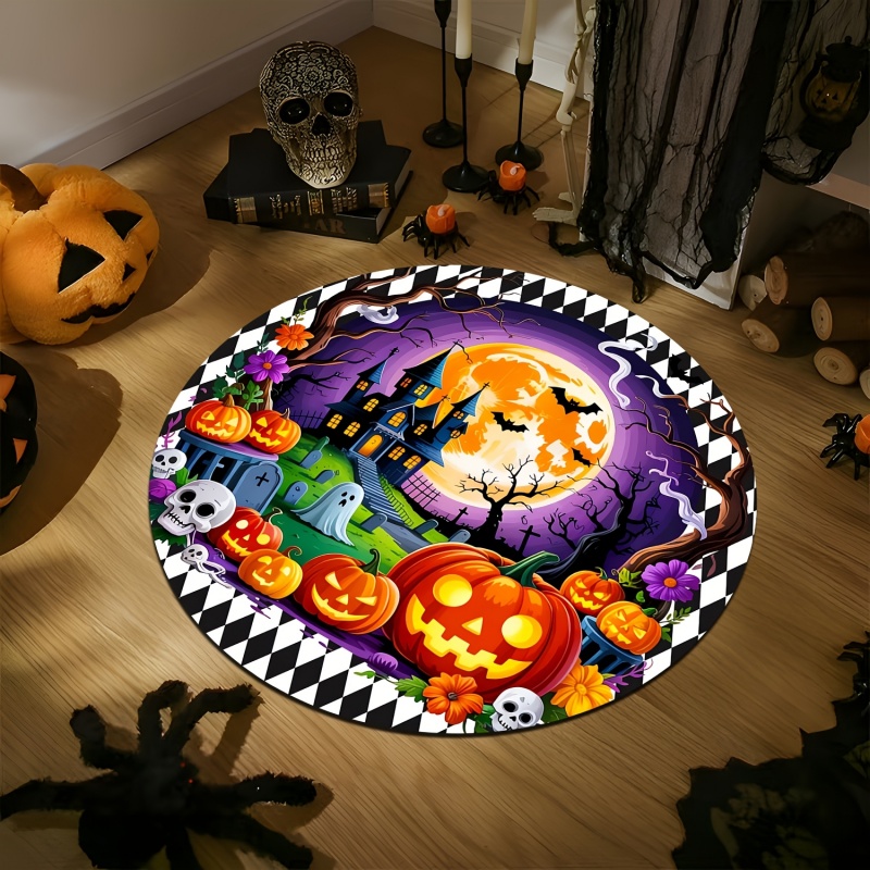 Commercial Printing House - Geisterhaus-Kürbis-Geist-Halloween-Rundteppich, Runder Bodenteppich mit Fledermaus-, Schädel-
