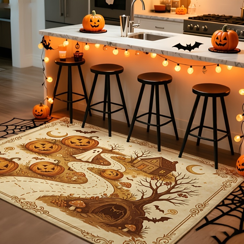 Commercial Printing House - Vintage-Karten-Stil Halloween-Rechteckteppich, Bodenteppich mit Kürbis-, Geister-,
