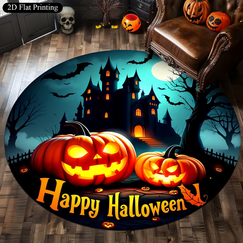 Commercial Printing House - Fröhliches Halloween Kürbis-Spukhaus Runder Teppich, Fledermaus-Vollmond
