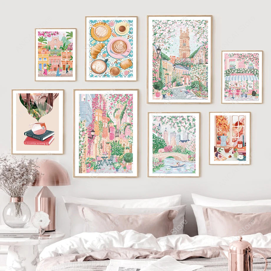 Commercial Wall Printing - Kaffeeshop in der Geschäftsstraße, Nachmittagstee, Bootsfahrt,